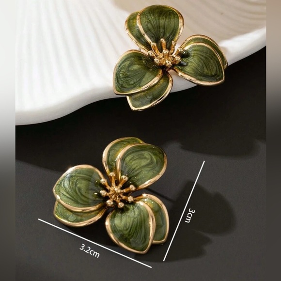 Green and Gold Statement Floral Earrings - Picture 5 of 5